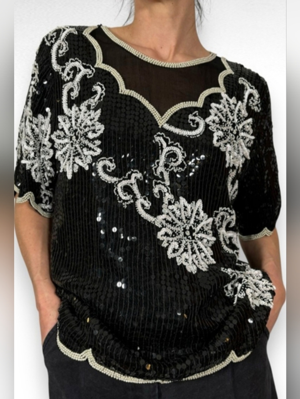 Vintage Royal Feelings Silk Blouse Womens XL Beaded Sequins Floral Design Top